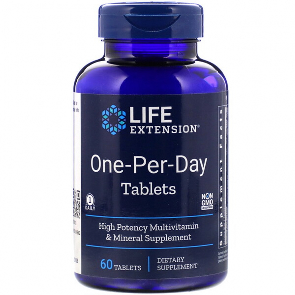 One-Per- Day fra Life Extension  er et komplet multivitamin tilskudd med 60 veg. kapsler.