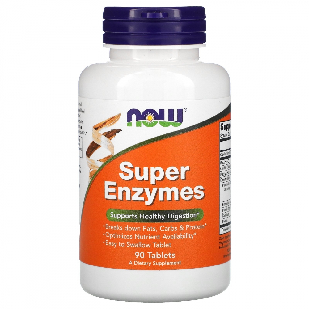 Super enzyme fra Now med 90 kapsler.   Bidrar til nedbrytning av fett, karbohydrater og proteiner.  