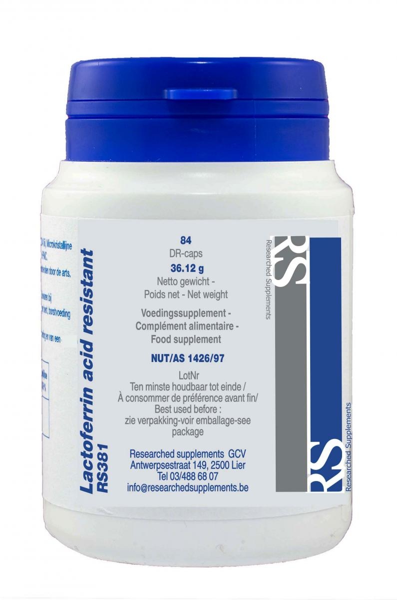 Lactoferrin Acid Resistant . Innholder 84 kapsler.  3 x 2 kapper per dag 20 min. før måltid.
Hver kapsel innholder 100 mg  Lactoferrin Acid.