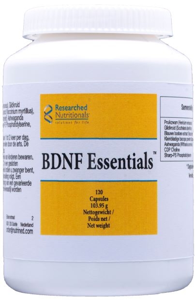 BDNF Essentials inneholder plantekstrakter som er vist å undestøtte produksjonen av Brain Derived Neurotrophic Factor (BDNF) og normal hukommelse/kognisjon. Boksen inneholder 120 kapsler. Dagsdose: 2-4 kapsler. 